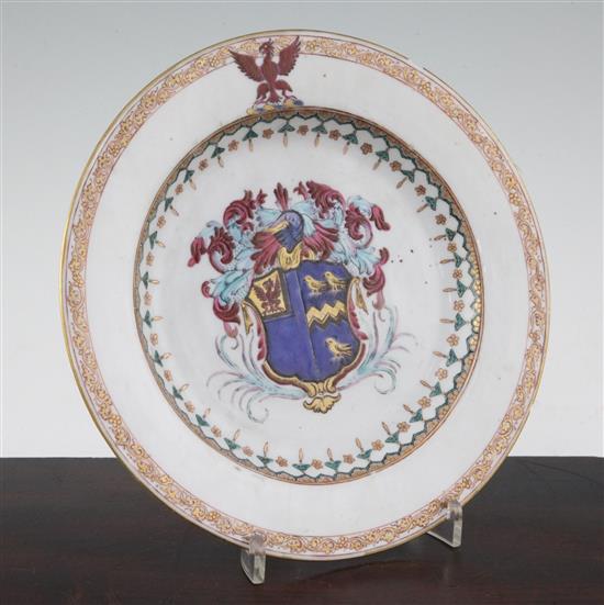 A Chinese export armorial famille rose plate, Yongzheng / Qianlong period, made for the Continental market, 21.5cm., some damage